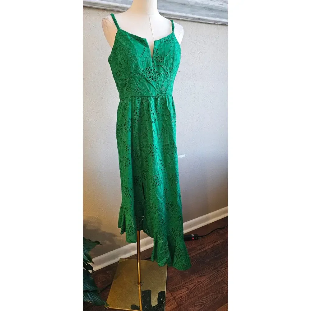 Guess Cotton Eyelet Asymmetric Midi Dress Women Size‎ 8 Green Contemporary Party